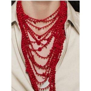New! Zara Red Crochet Button Statement Necklace NWOT